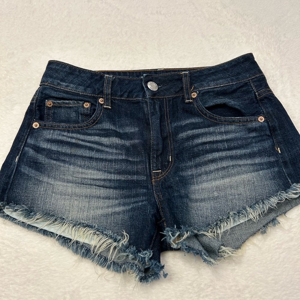 American Eagle Dark Wash‎ Frayed Hi-Rise Featival Jean Shorts Size 4 Like New